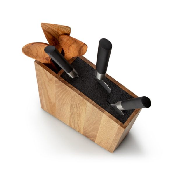 Angeschrgter Messerblock mit flexiblem Einsatz und Utensilienhalter, Eiche, 31 x 8 x 26 cm